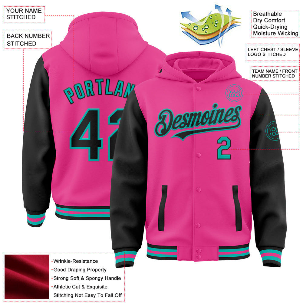 Custom Pink Black-Aqua Bomber Full-Snap Varsity Letterman Two Tone Hoodie Jacket view 3