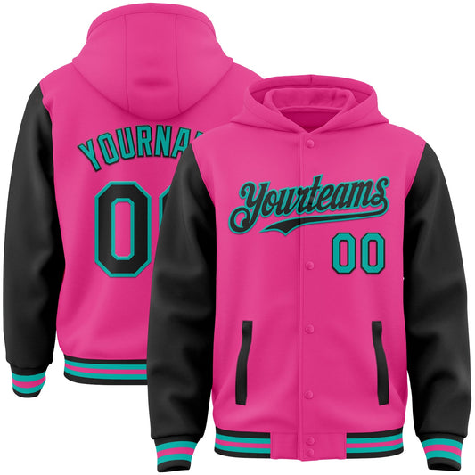 Custom Pink Black-Aqua Bomber Full-Snap Varsity Letterman Two Tone Hoodie Jacket - Main View