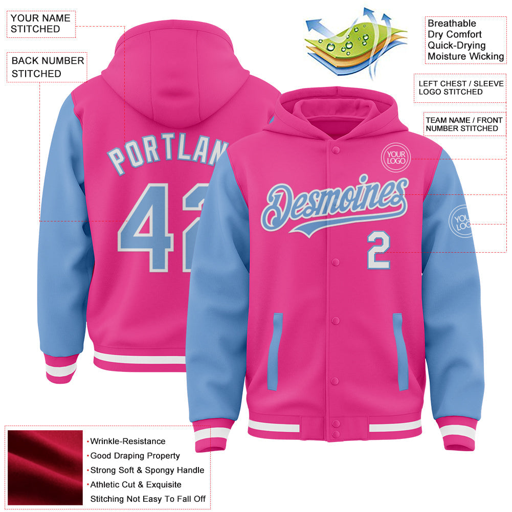 Custom Pink Light Blue-White Bomber Full-Snap Varsity Letterman Two Tone Hoodie Jacket view 3