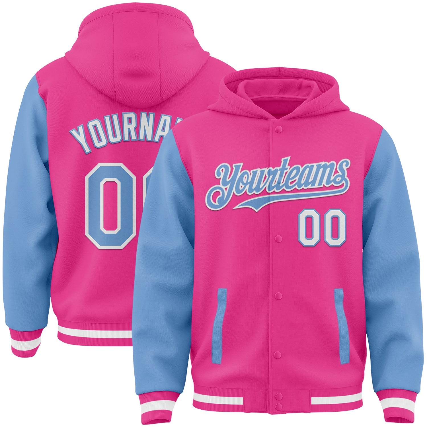Custom Pink Light Blue-White Bomber Full-Snap Varsity Letterman Two Tone Hoodie Jacket - Main View