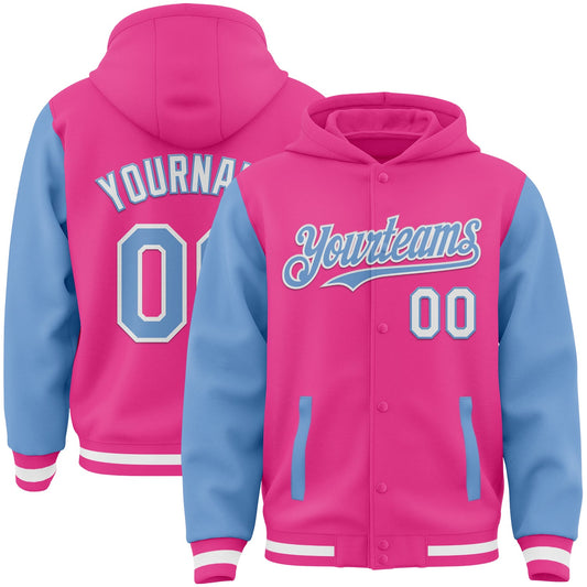 Custom Pink Light Blue-White Bomber Full-Snap Varsity Letterman Two Tone Hoodie Jacket - Main View