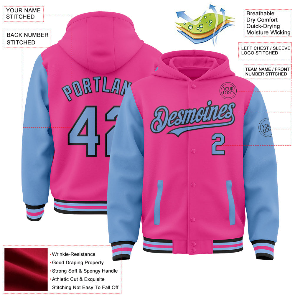 Custom Pink Light Blue-Black Bomber Full-Snap Varsity Letterman Two Tone Hoodie Jacket view 3