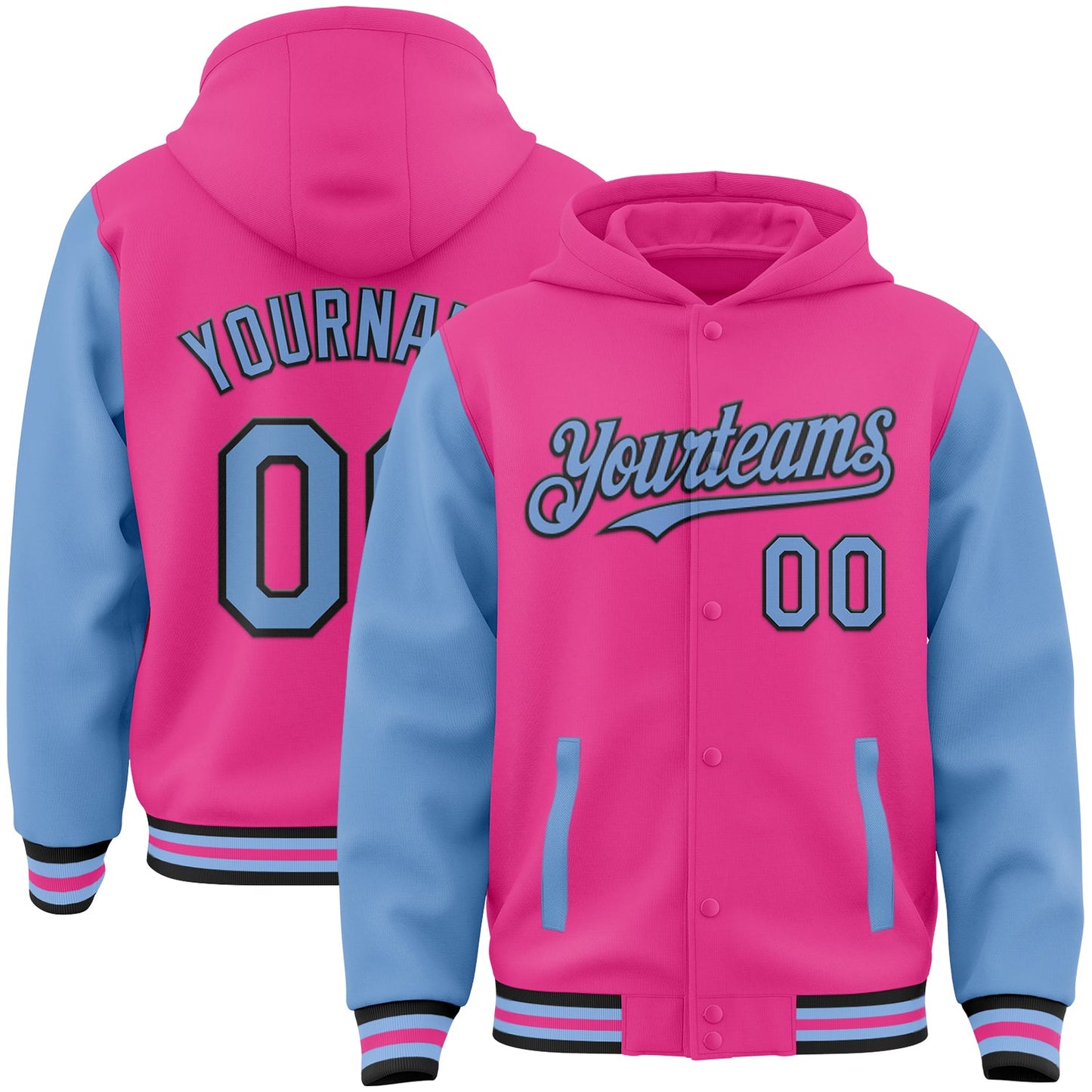 Custom Pink Light Blue-Black Bomber Full-Snap Varsity Letterman Two Tone Hoodie Jacket - Main View