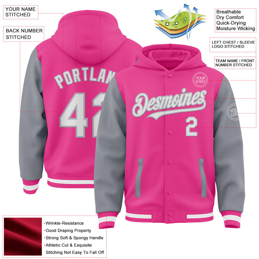 Custom Pink White-Gray Bomber Full-Snap Varsity Letterman Two Tone Hoodie Jacket view 3