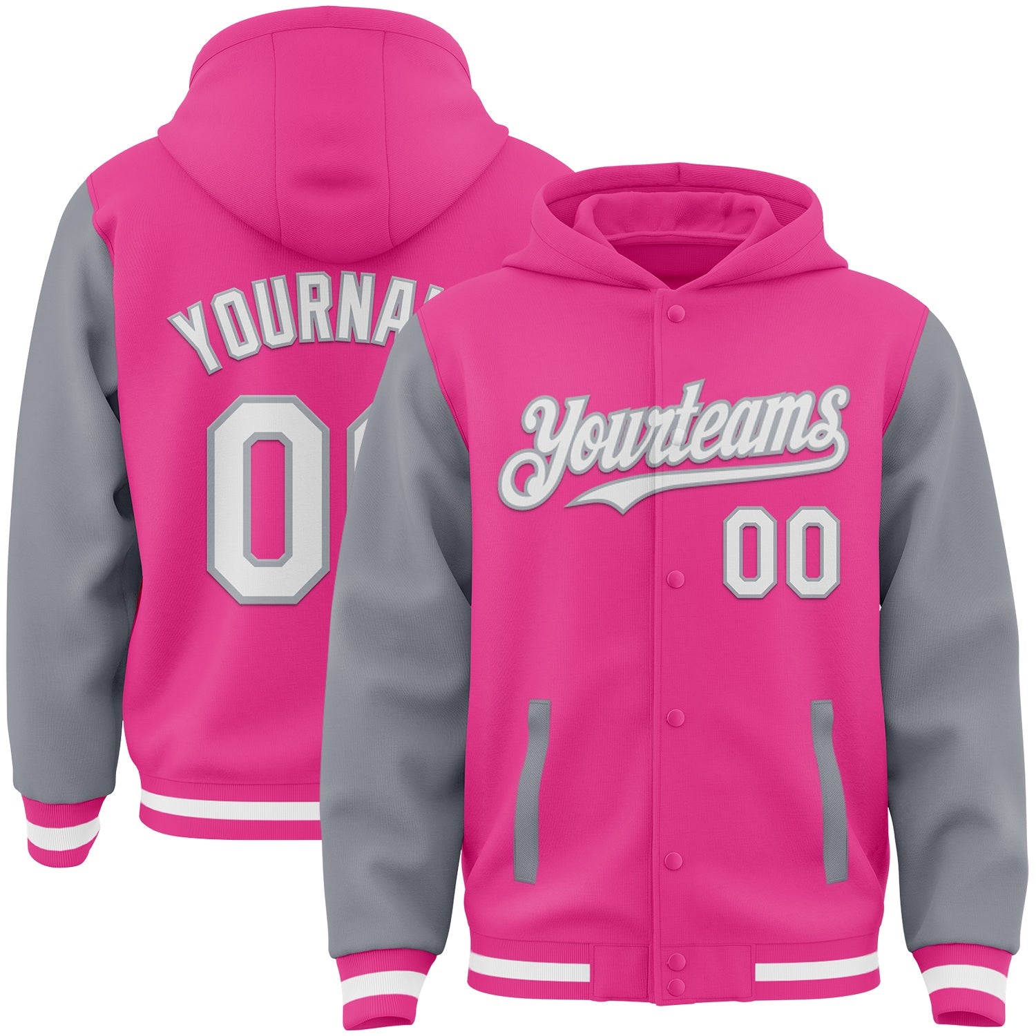 Custom Pink White-Gray Bomber Full-Snap Varsity Letterman Two Tone Hoodie Jacket - Main View