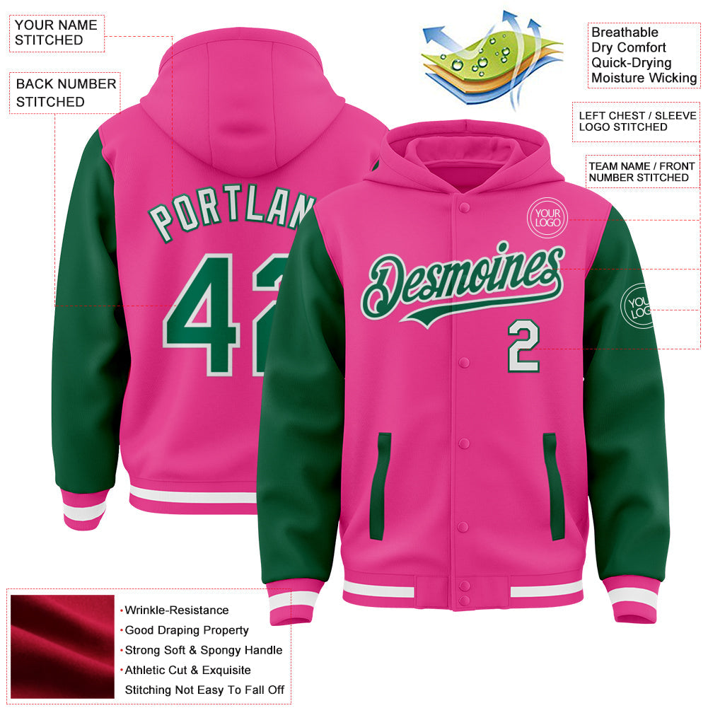 Custom Pink Kelly Green-White Bomber Full-Snap Varsity Letterman Two Tone Hoodie Jacket view 3