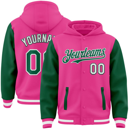 Custom Pink Kelly Green-White Bomber Full-Snap Varsity Letterman Two Tone Hoodie Jacket - Main View