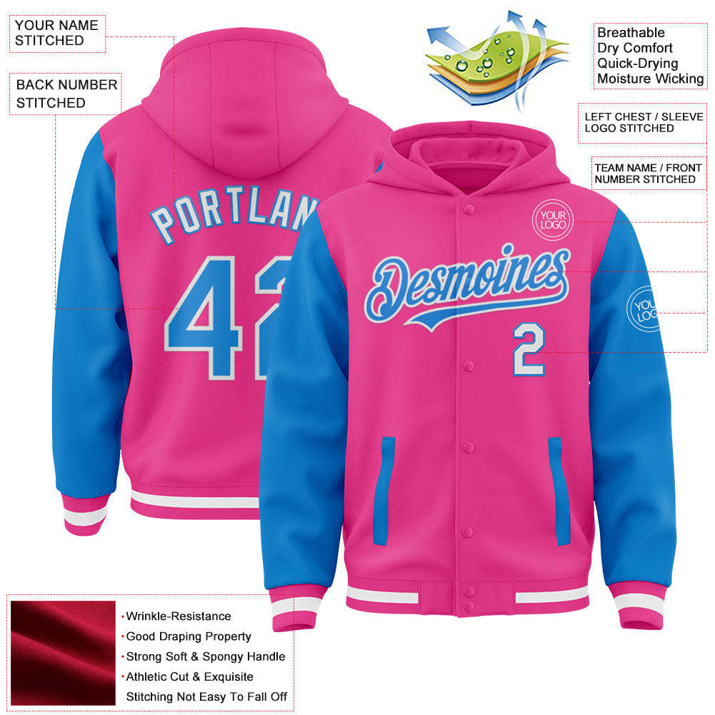 Custom Pink Powder Blue-White Bomber Full-Snap Varsity Letterman Two Tone Hoodie Jacket view 3