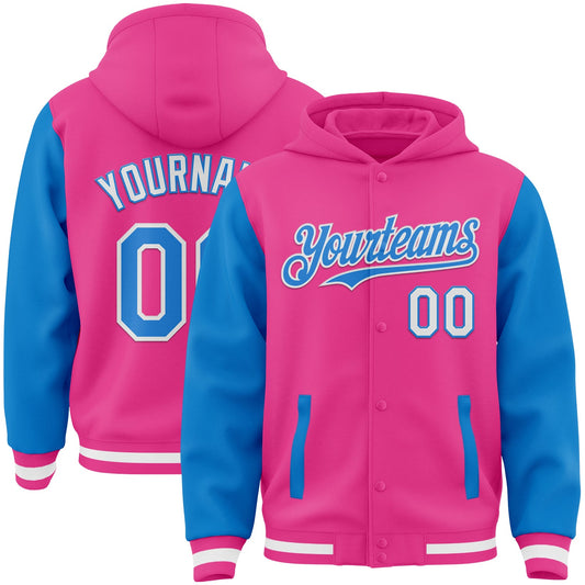 Custom Pink Powder Blue-White Bomber Full-Snap Varsity Letterman Two Tone Hoodie Jacket - Main View