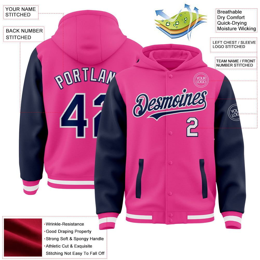 Custom Pink Navy-White Bomber Full-Snap Varsity Letterman Two Tone Hoodie Jacket view 3