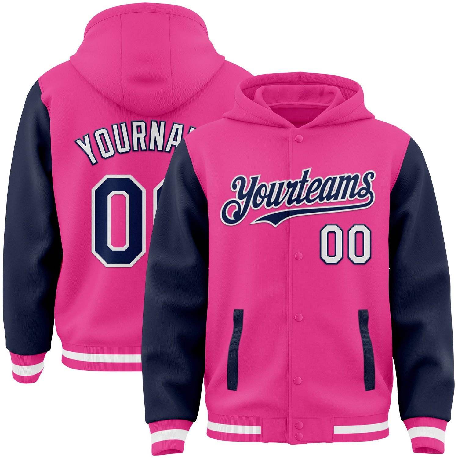 Custom Pink Navy-White Bomber Full-Snap Varsity Letterman Two Tone Hoodie Jacket - Main View