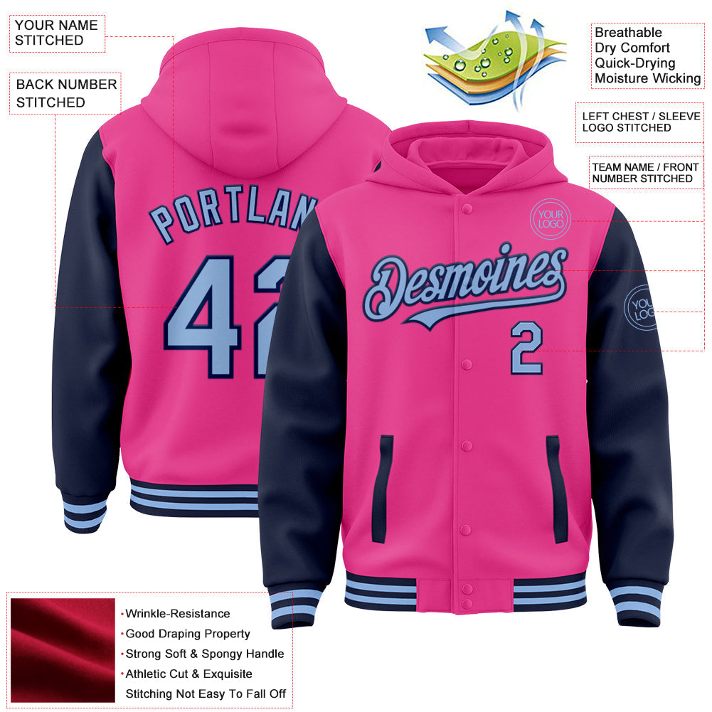 Custom Pink Light Blue-Navy Bomber Full-Snap Varsity Letterman Two Tone Hoodie Jacket view 3
