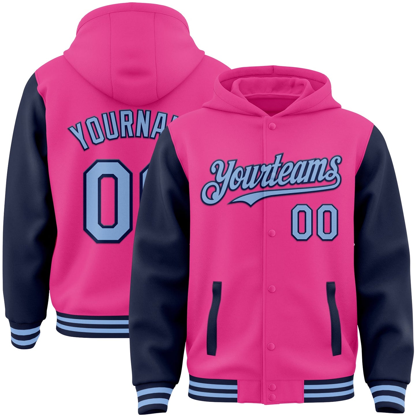 Custom Pink Light Blue-Navy Bomber Full-Snap Varsity Letterman Two Tone Hoodie Jacket - Main View