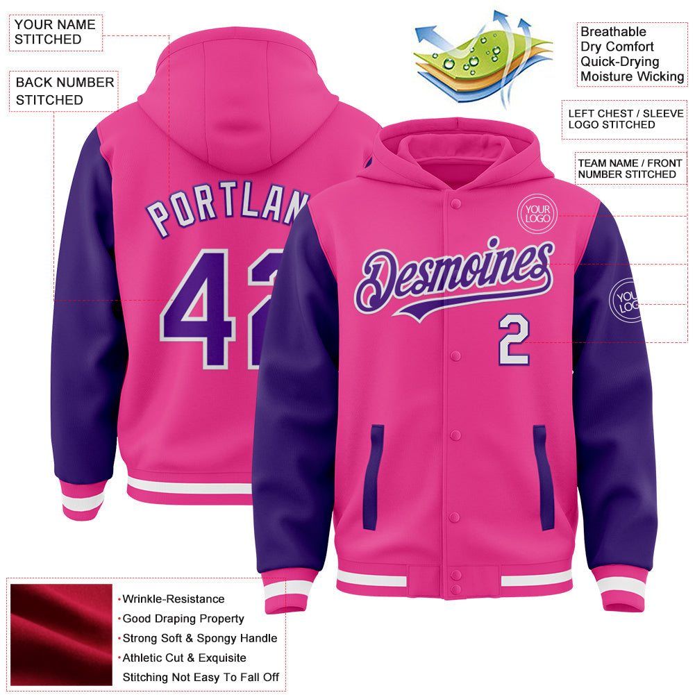 Custom Pink Purple-White Bomber Full-Snap Varsity Letterman Two Tone Hoodie Jacket view 3