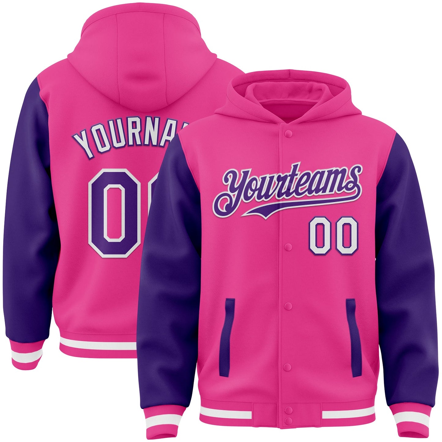 Custom Pink Purple-White Bomber Full-Snap Varsity Letterman Two Tone Hoodie Jacket - Main View