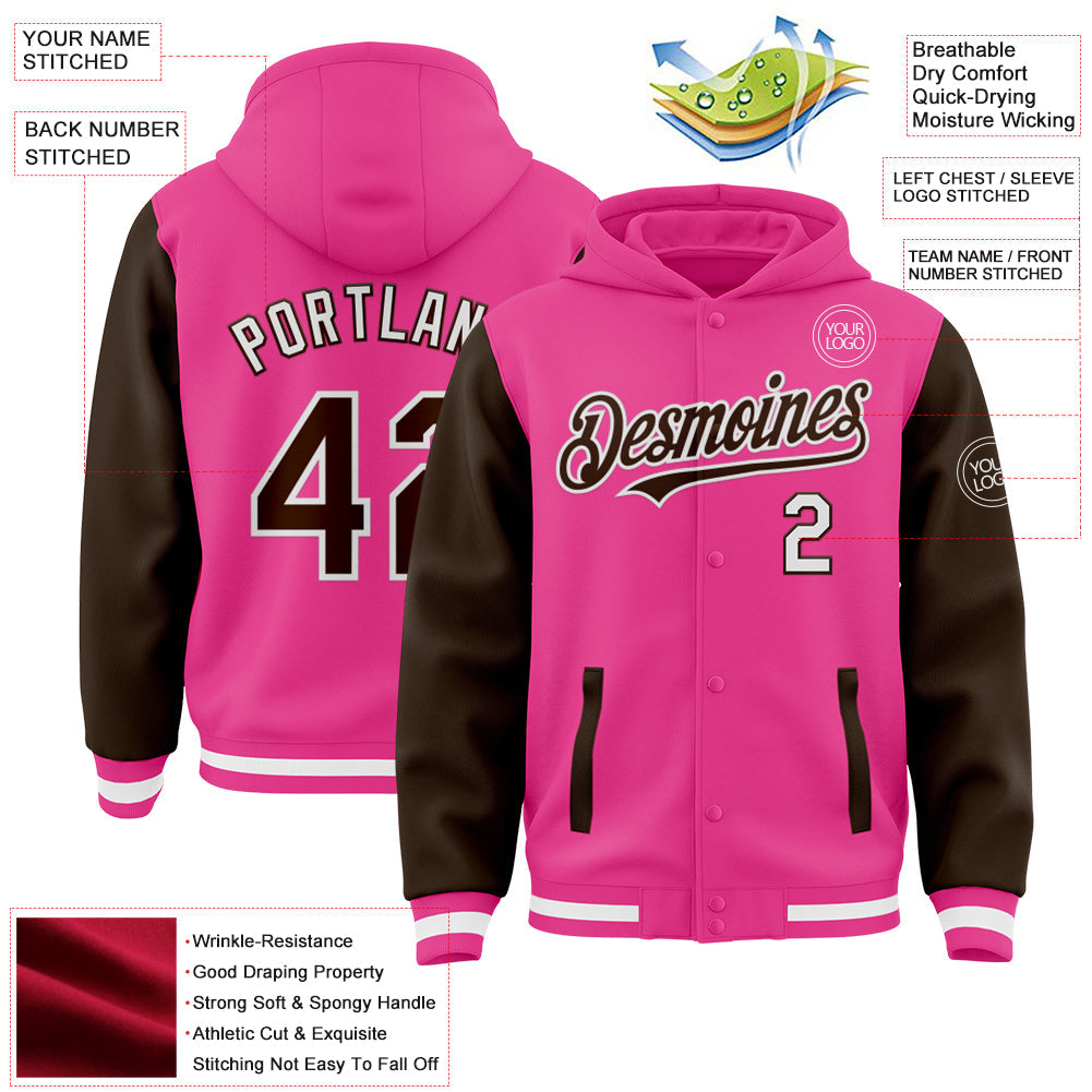 Custom Pink Brown-White Bomber Full-Snap Varsity Letterman Two Tone Hoodie Jacket view 3