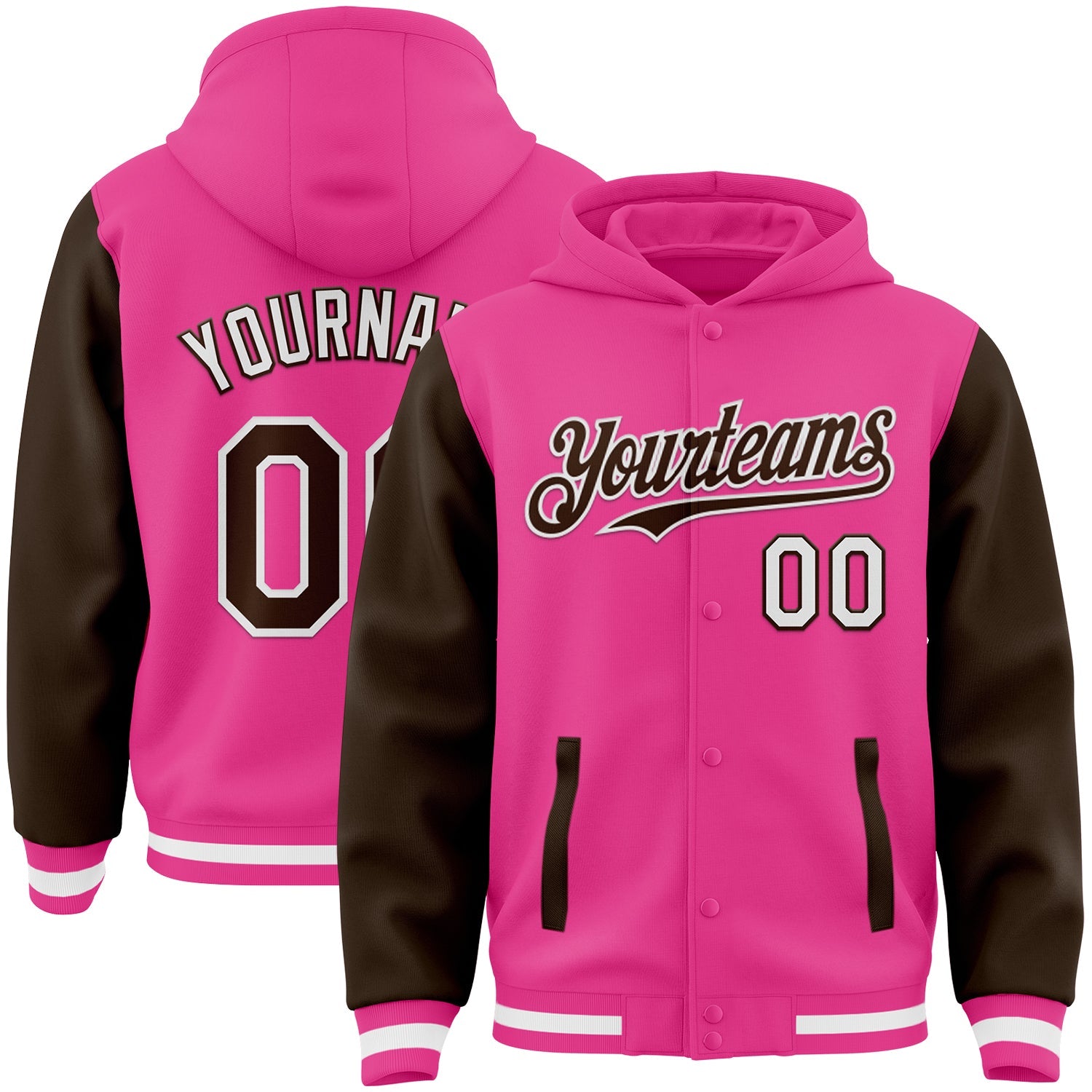 Custom Pink Brown-White Bomber Full-Snap Varsity Letterman Two Tone Hoodie Jacket - Main View