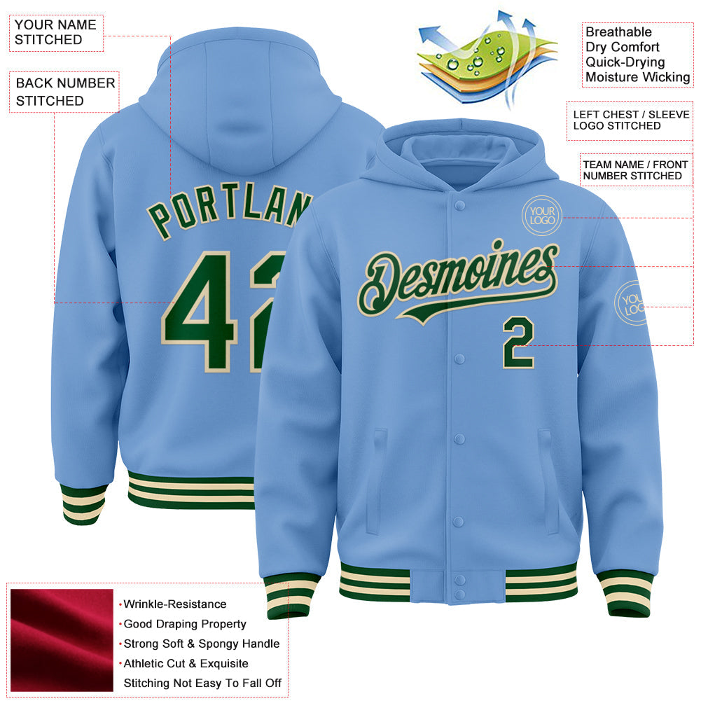 Custom Light Blue Green-Cream Bomber Full-Snap Varsity Letterman Hoodie Jacket view 3