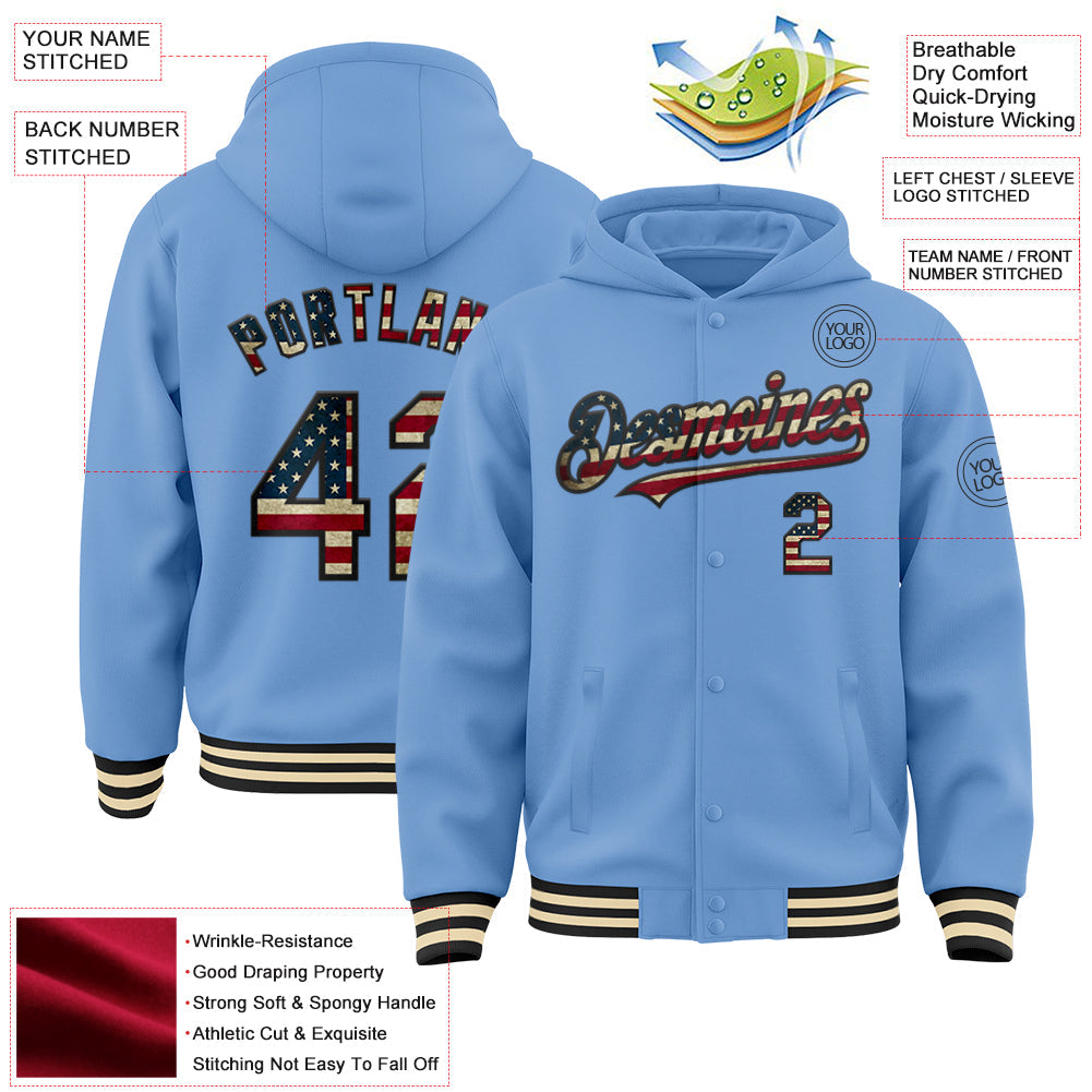 Custom Light Blue Vintage USA Flag Black-Cream Bomber Full-Snap Varsity Letterman Hoodie Jacket view 3