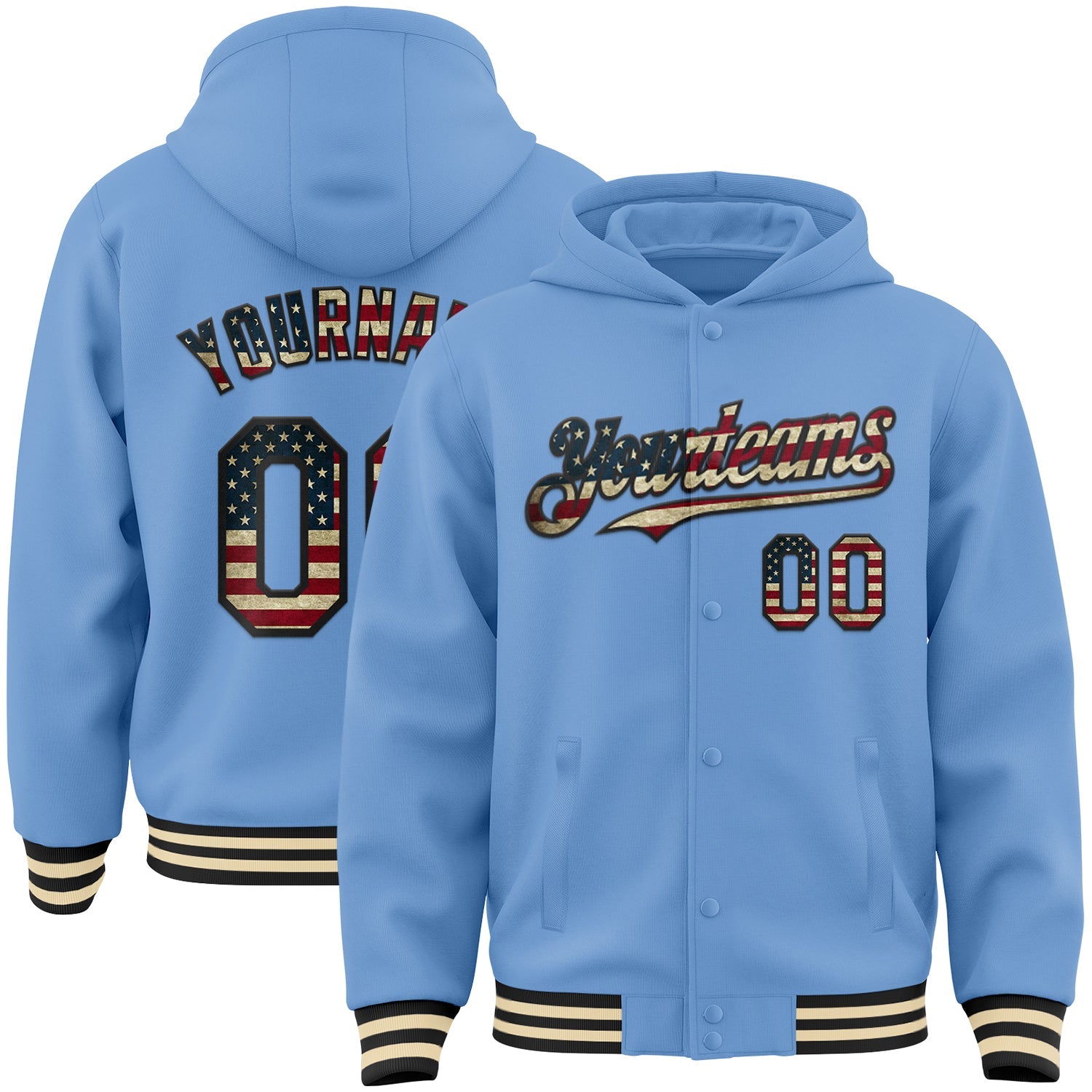 Custom Light Blue Vintage USA Flag Black-Cream Bomber Full-Snap Varsity Letterman Hoodie Jacket - Main View