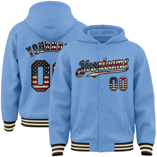 Custom Light Blue Vintage USA Flag Black-Cream Bomber Full-Snap Varsity Letterman Hoodie Jacket - Main View