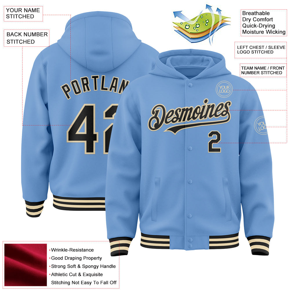 Custom Light Blue Black-Cream Bomber Full-Snap Varsity Letterman Hoodie Jacket view 3