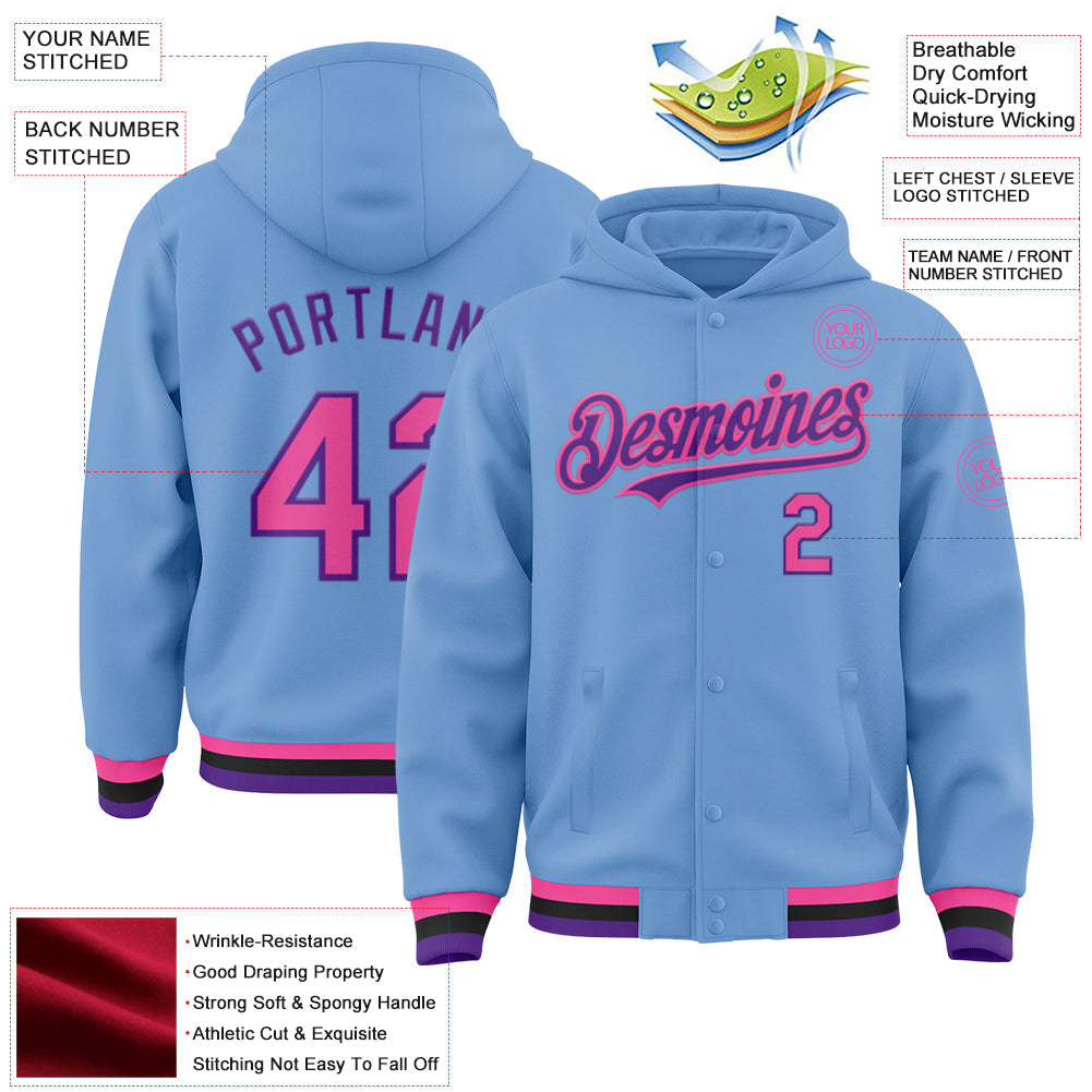 Custom Light Blue Pink Purple-Black Bomber Full-Snap Varsity Letterman Hoodie Jacket view 3