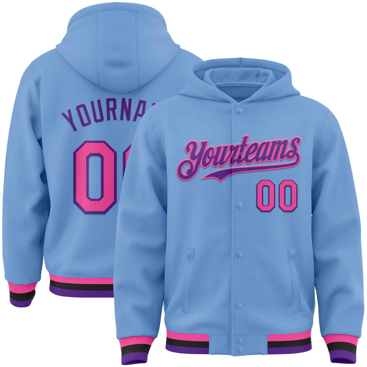 Custom Light Blue Pink Purple-Black Bomber Full-Snap Varsity Letterman Hoodie Jacket - Main View
