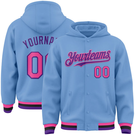 Custom Light Blue Pink Purple-Black Bomber Full-Snap Varsity Letterman Hoodie Jacket - Main View