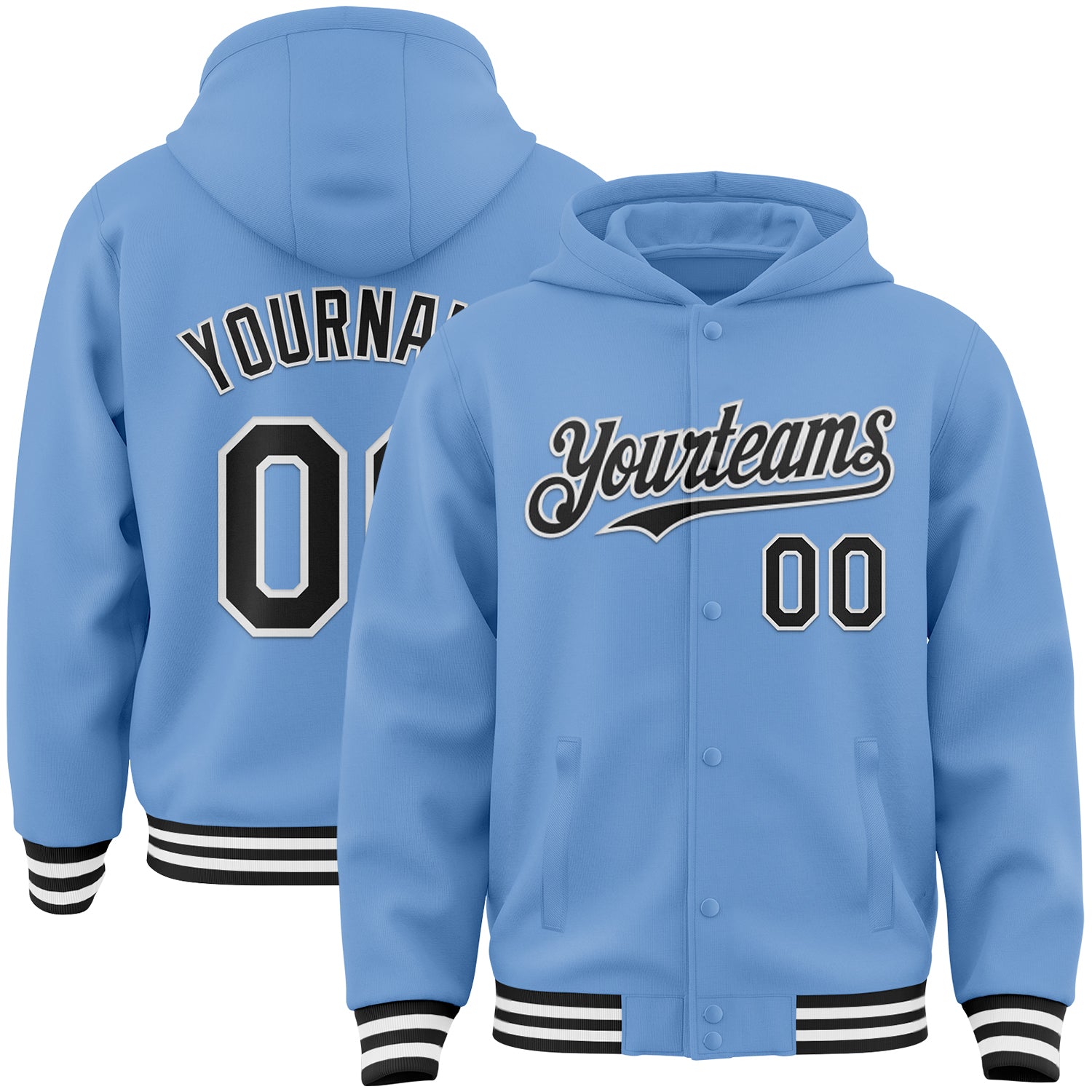 Custom Light Blue Black-White Bomber Full-Snap Varsity Letterman Hoodie Jacket - Main View