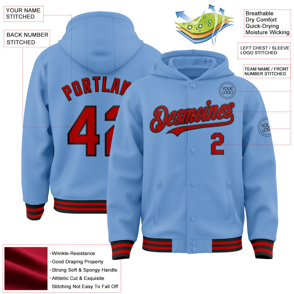 Custom Light Blue Red-Black Bomber Full-Snap Varsity Letterman Hoodie Jacket view 3