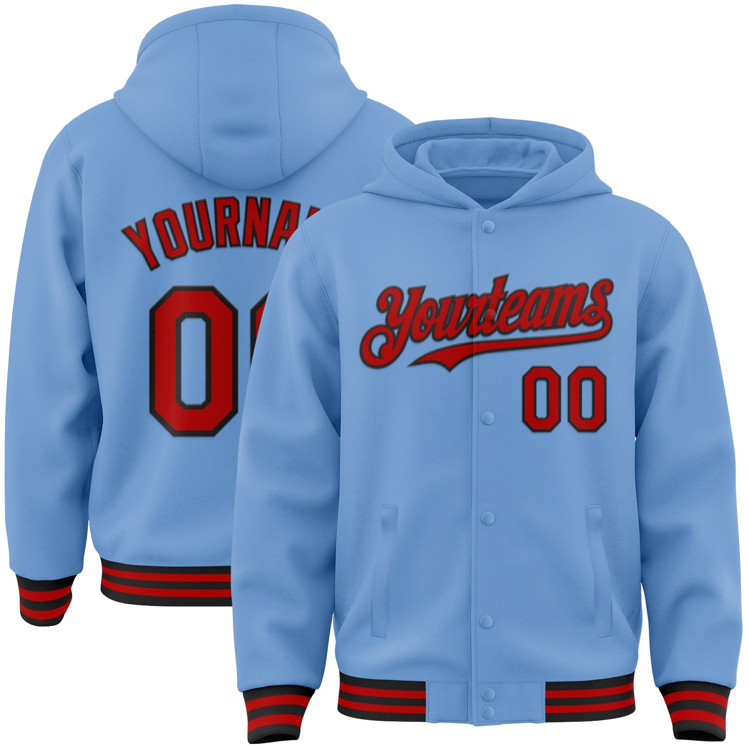 Custom Light Blue Red-Black Bomber Full-Snap Varsity Letterman Hoodie Jacket - Main View
