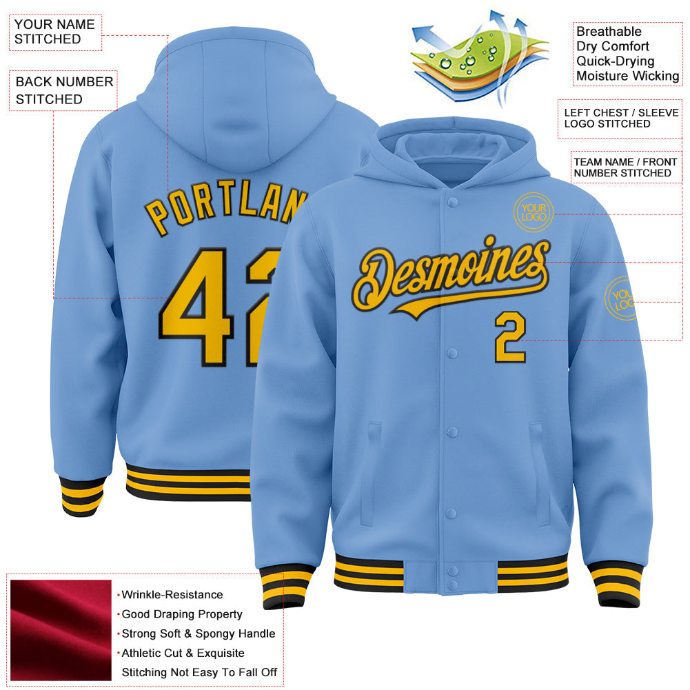 Custom Light Blue Gold-Black Bomber Full-Snap Varsity Letterman Hoodie Jacket view 3
