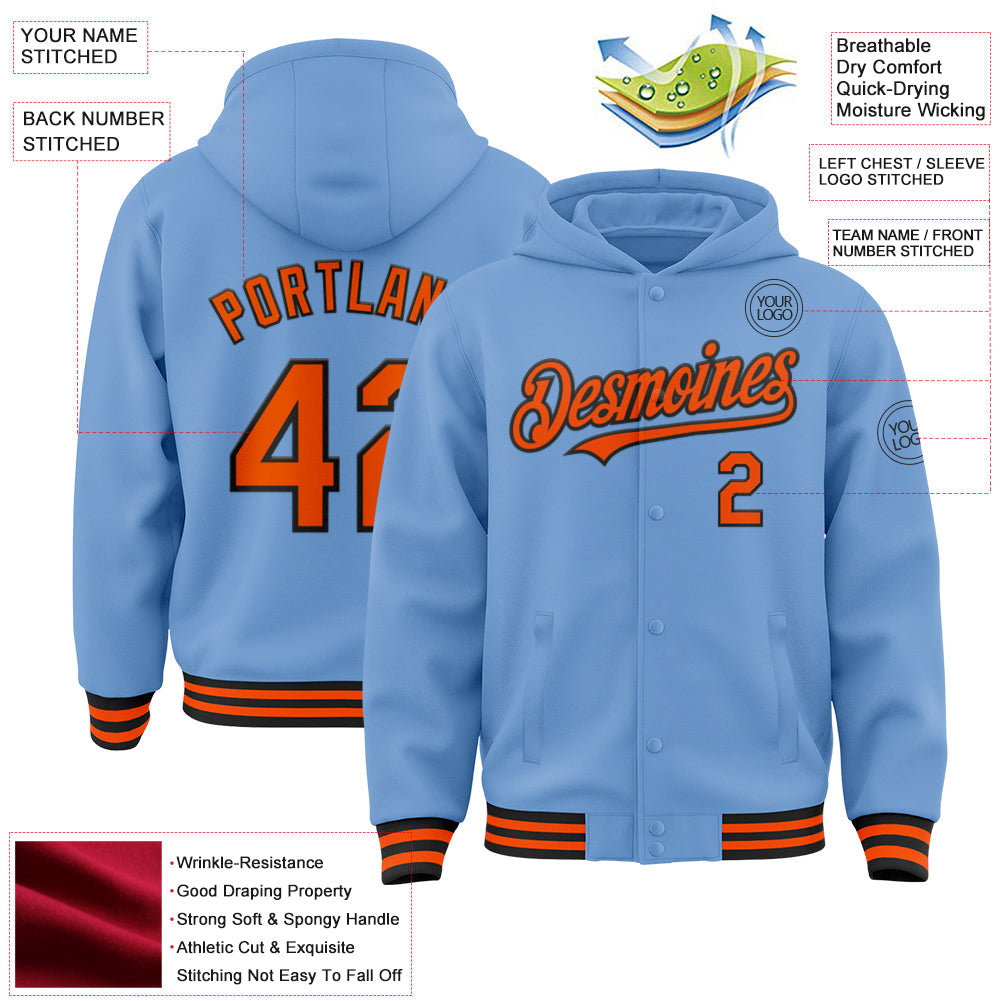 Custom Light Blue Orange-Black Bomber Full-Snap Varsity Letterman Hoodie Jacket view 3