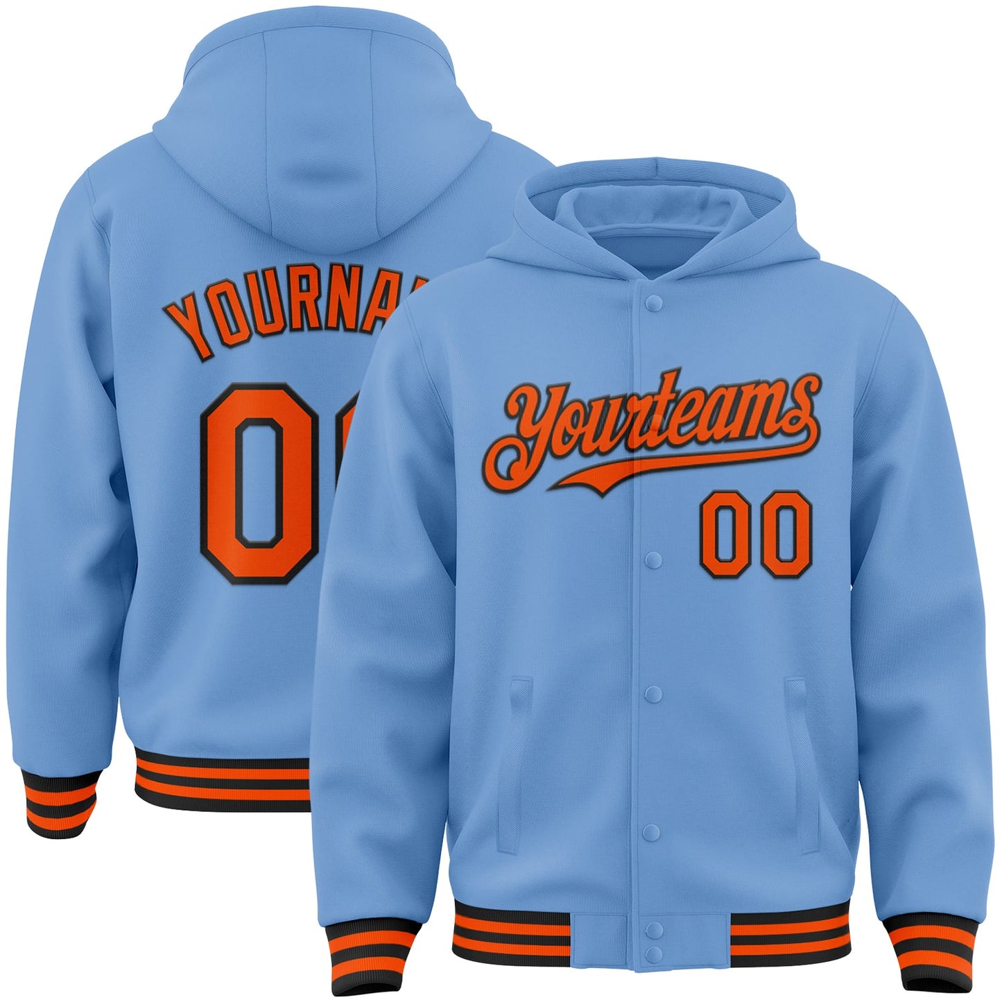 Custom Light Blue Orange-Black Bomber Full-Snap Varsity Letterman Hoodie Jacket - Main View