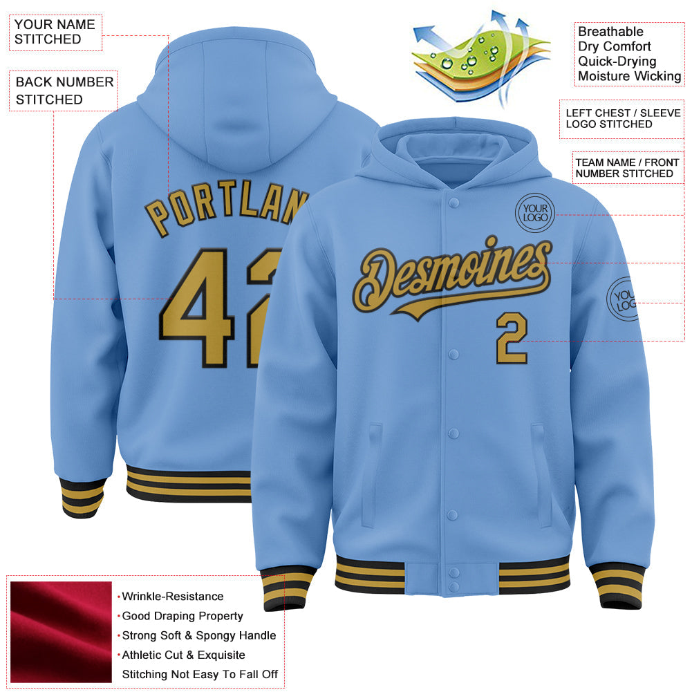 Custom Light Blue Old Gold-Black Bomber Full-Snap Varsity Letterman Hoodie Jacket view 3