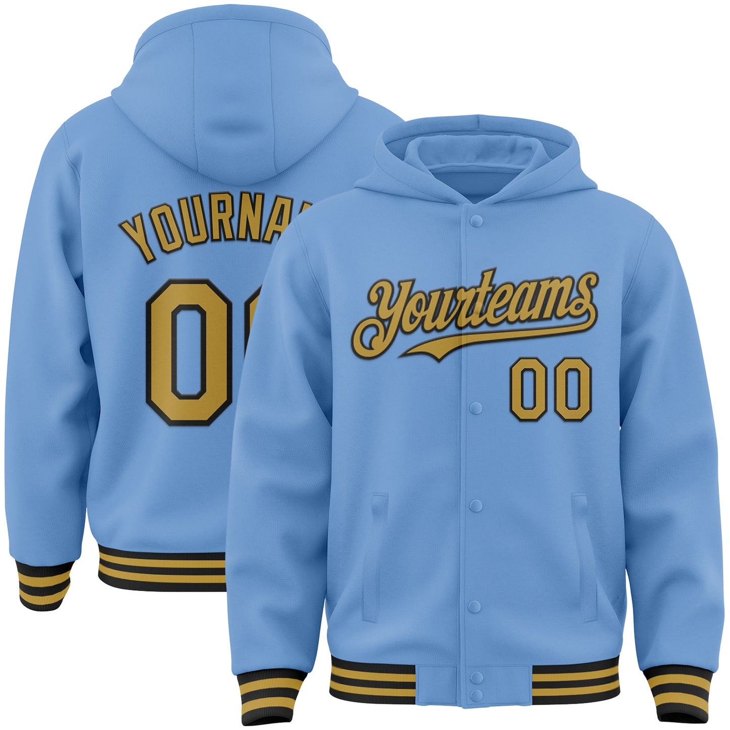 Custom Light Blue Old Gold-Black Bomber Full-Snap Varsity Letterman Hoodie Jacket - Main View