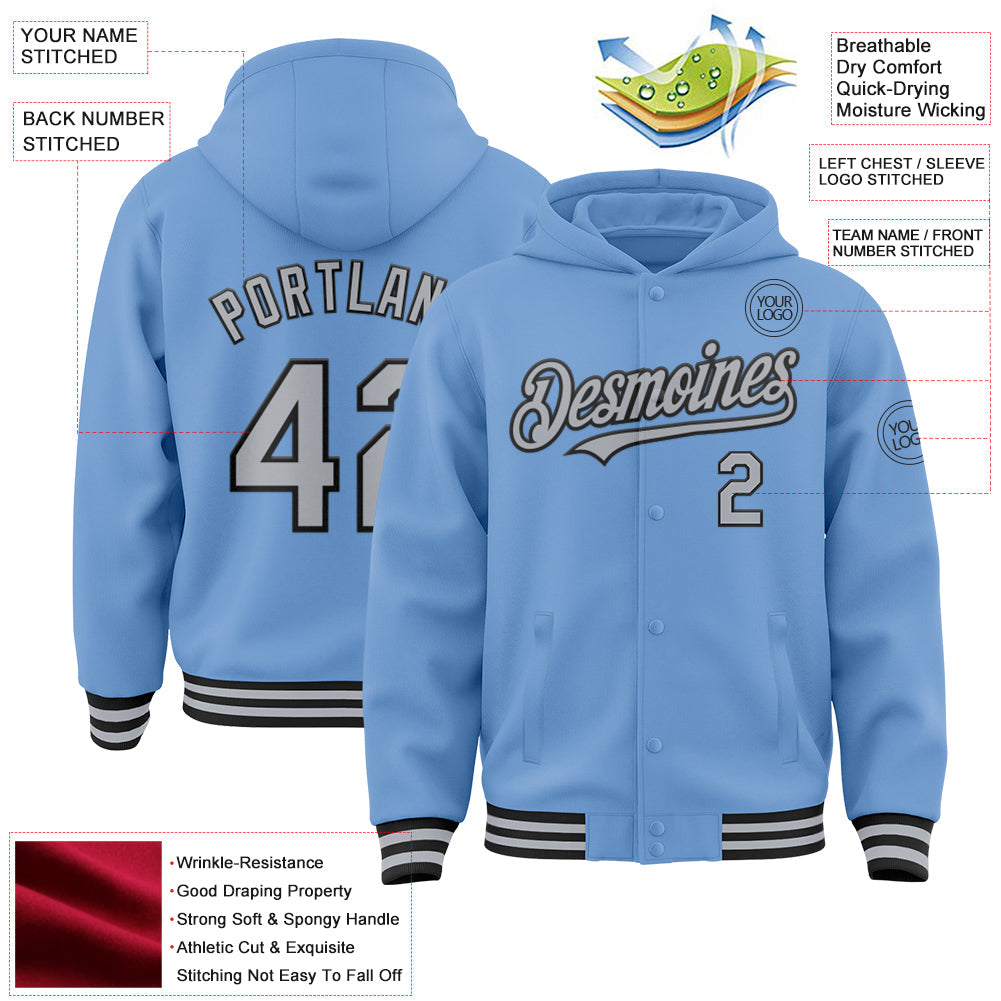 Custom Light Blue Gray-Black Bomber Full-Snap Varsity Letterman Hoodie Jacket view 3