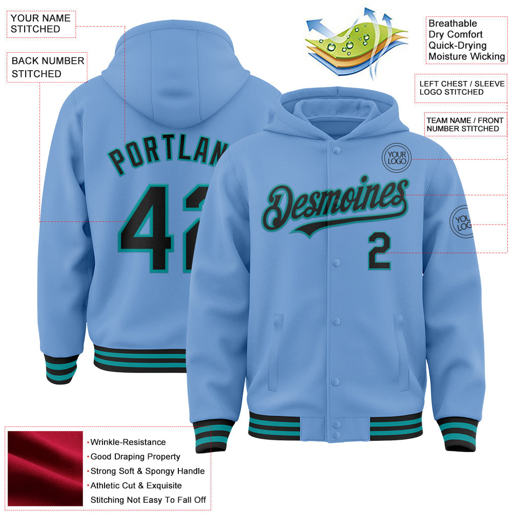 Custom Light Blue Black-Teal Bomber Full-Snap Varsity Letterman Hoodie Jacket view 3