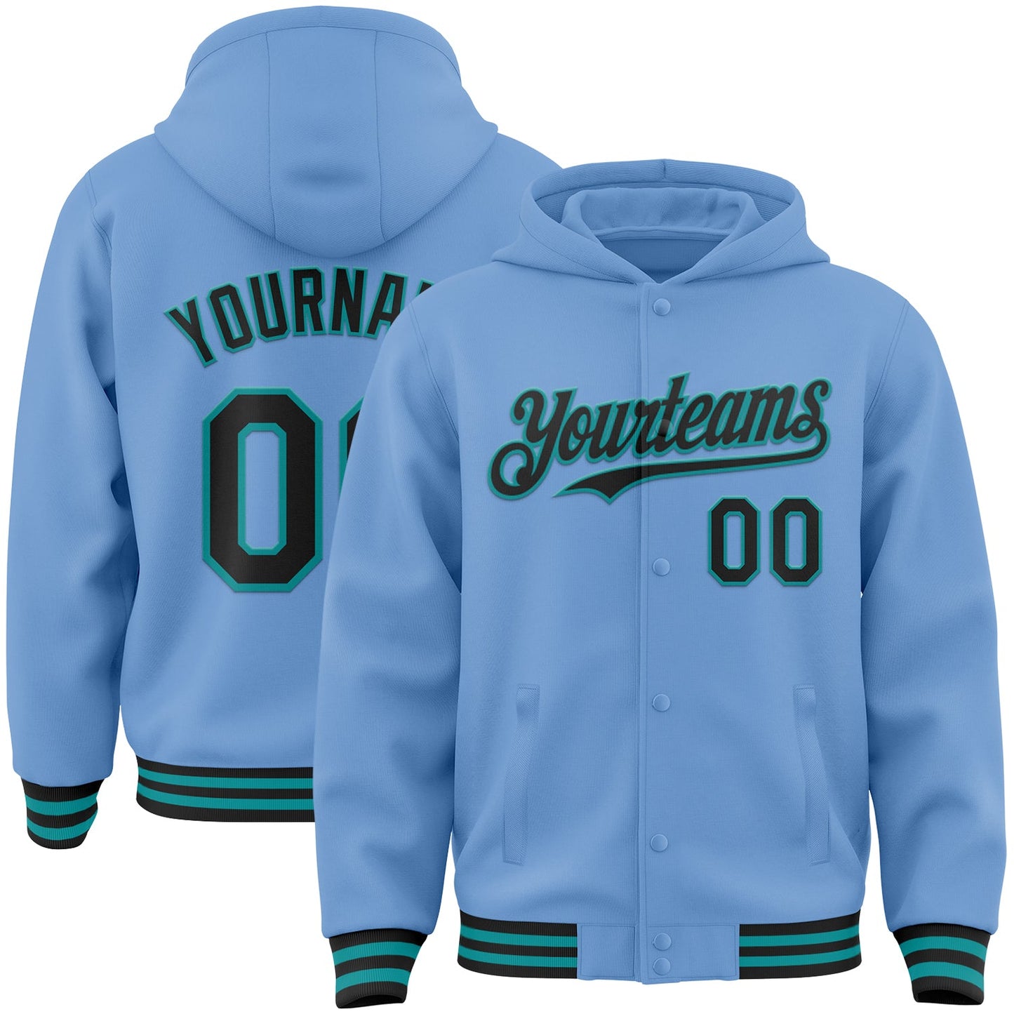 Custom Light Blue Black-Teal Bomber Full-Snap Varsity Letterman Hoodie Jacket - Main View