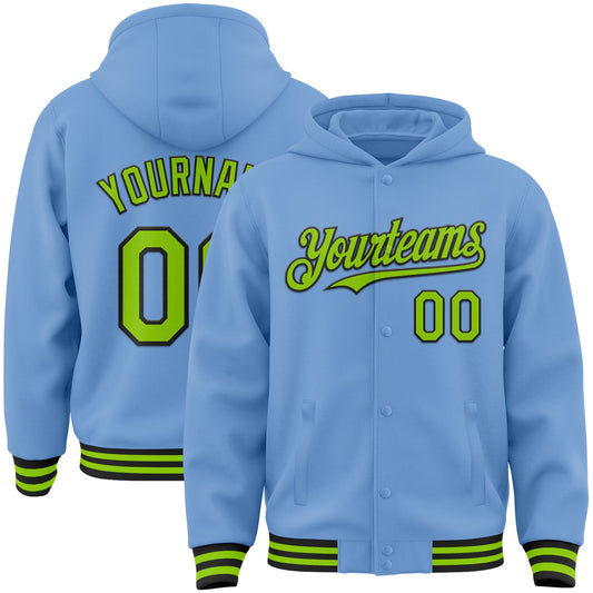 Custom Light Blue Neon Green-Black Bomber Full-Snap Varsity Letterman Hoodie Jacket - Main View