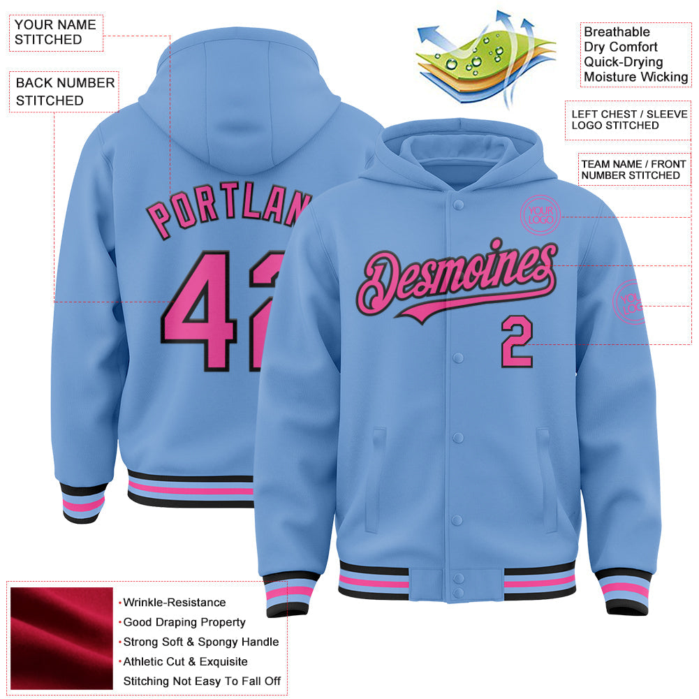 Custom Light Blue Pink-Black Bomber Full-Snap Varsity Letterman Hoodie Jacket view 3