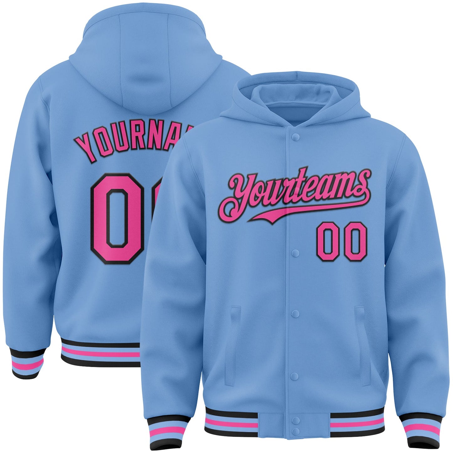 Custom Light Blue Pink-Black Bomber Full-Snap Varsity Letterman Hoodie Jacket - Main View