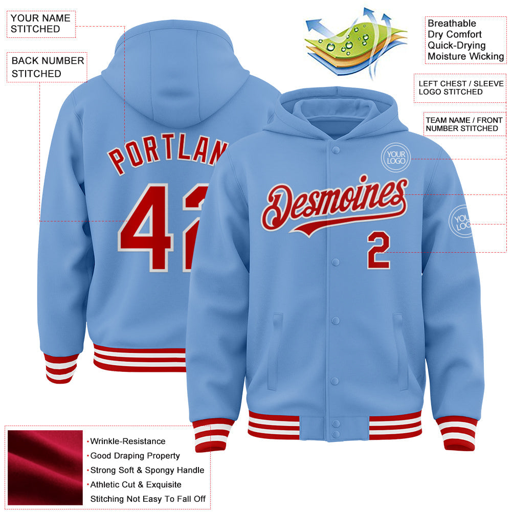 Custom Light Blue Red-White Bomber Full-Snap Varsity Letterman Hoodie Jacket view 3