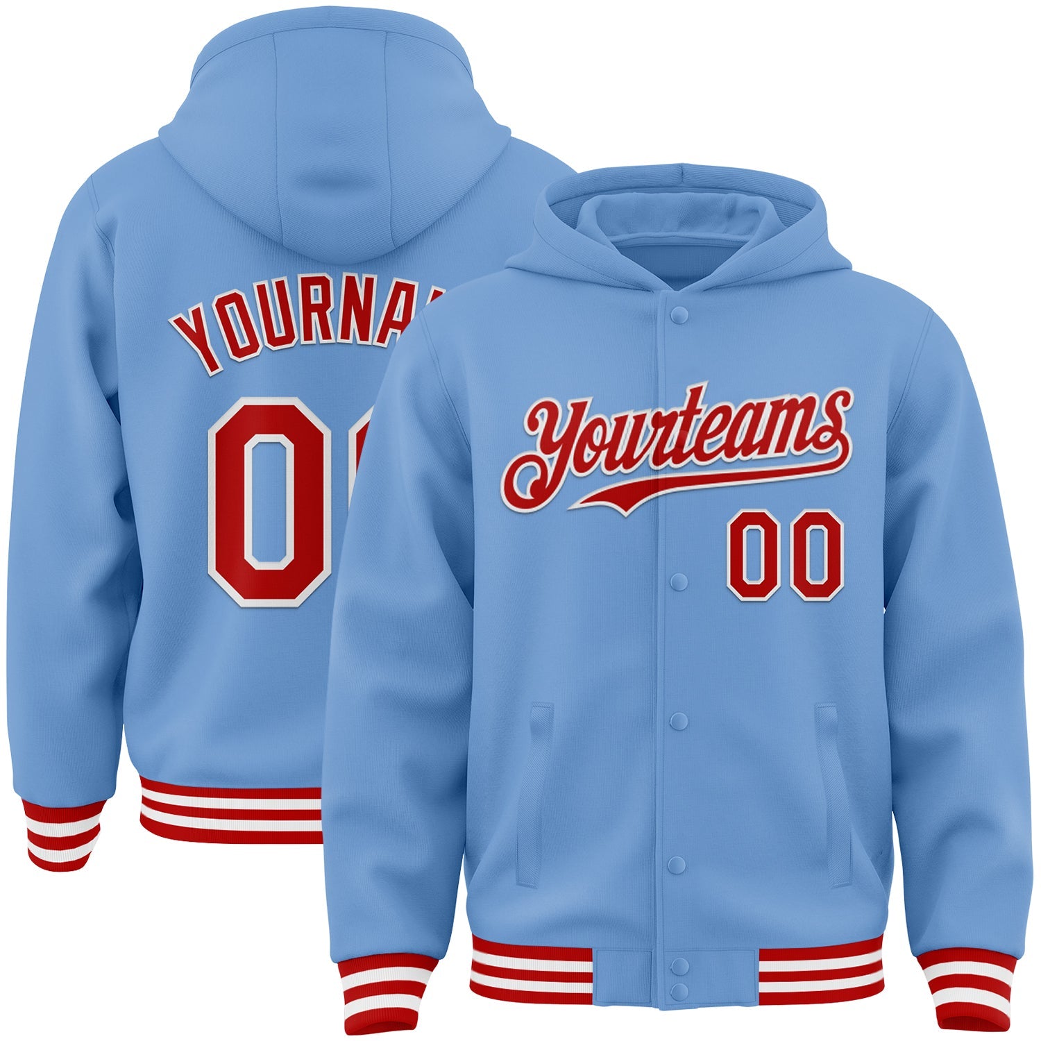 Custom Light Blue Red-White Bomber Full-Snap Varsity Letterman Hoodie Jacket - Main View