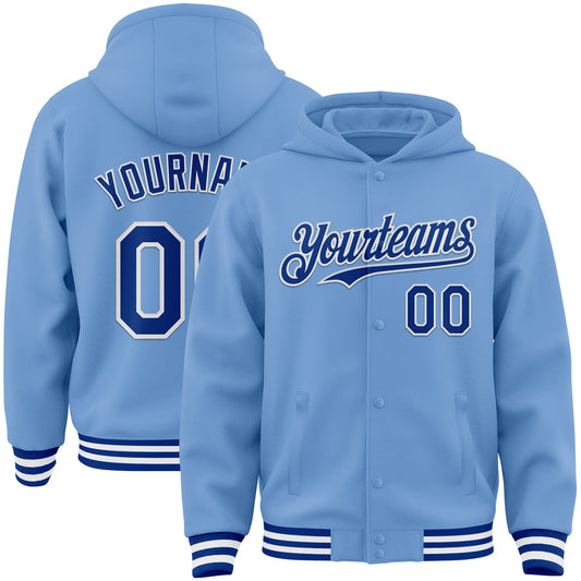 Custom Light Blue Royal-White Bomber Full-Snap Varsity Letterman Hoodie Jacket - Main View