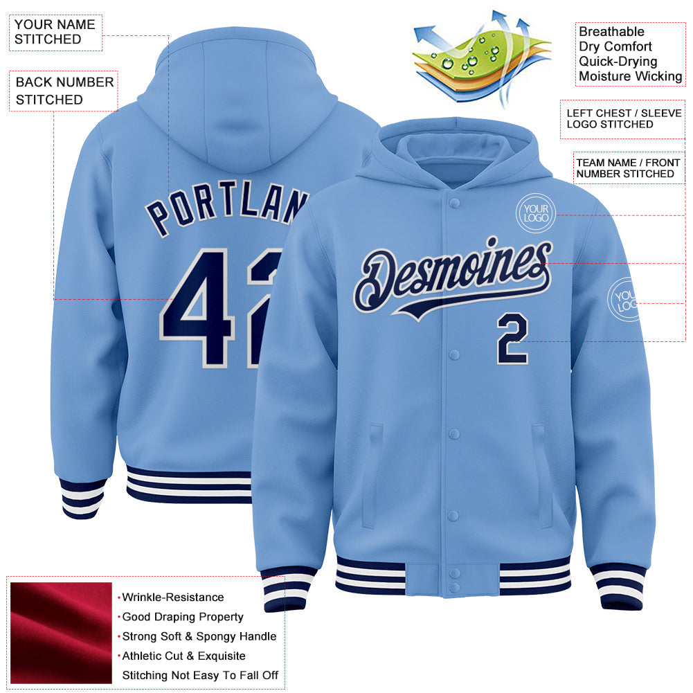 Custom Light Blue Navy-White Bomber Full-Snap Varsity Letterman Hoodie Jacket view 3