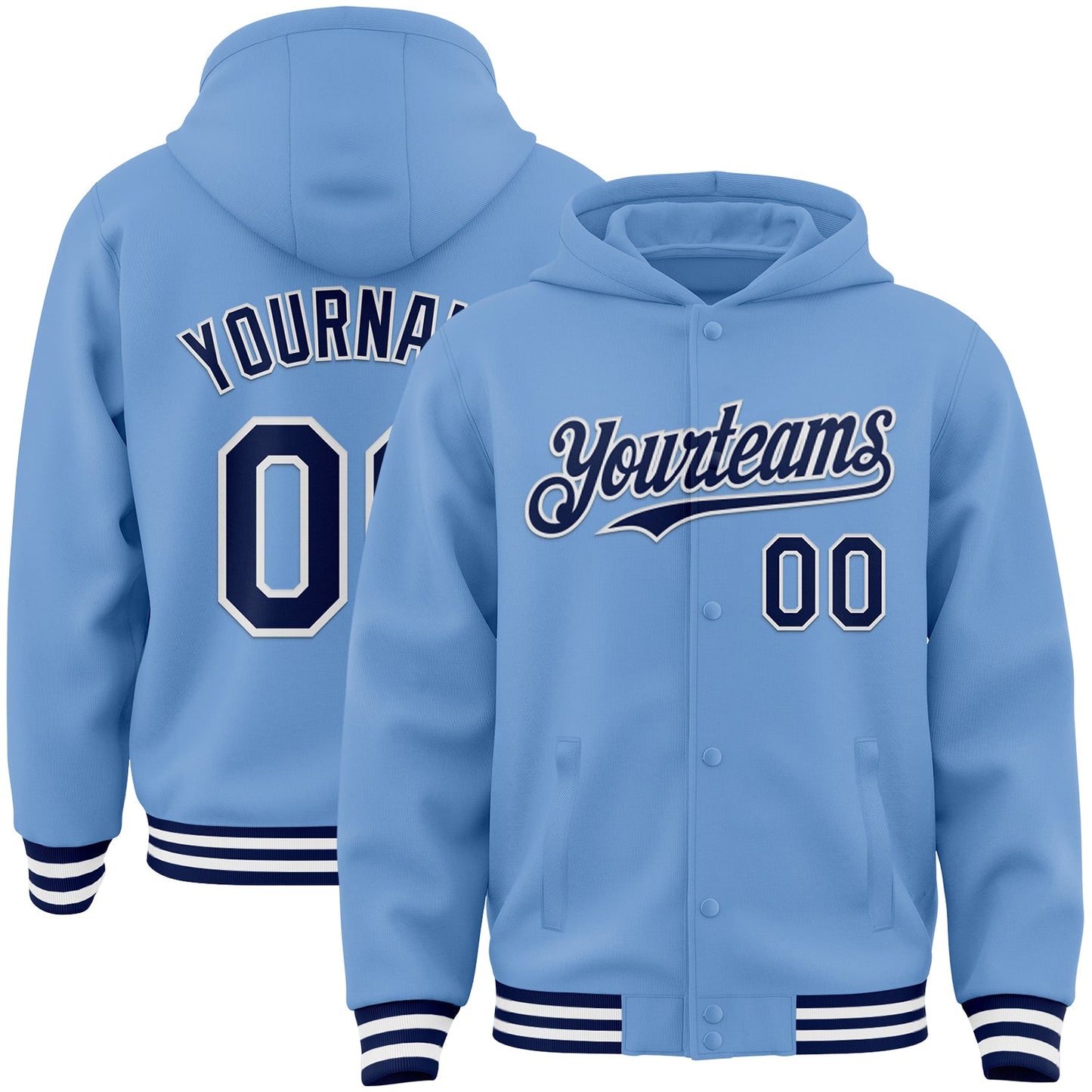 Custom Light Blue Navy-White Bomber Full-Snap Varsity Letterman Hoodie Jacket - Main View
