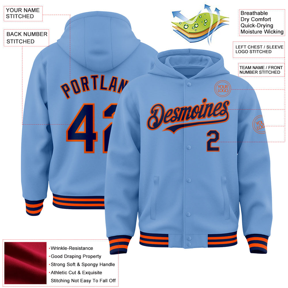 Custom Light Blue Navy-Orange Bomber Full-Snap Varsity Letterman Hoodie Jacket view 3
