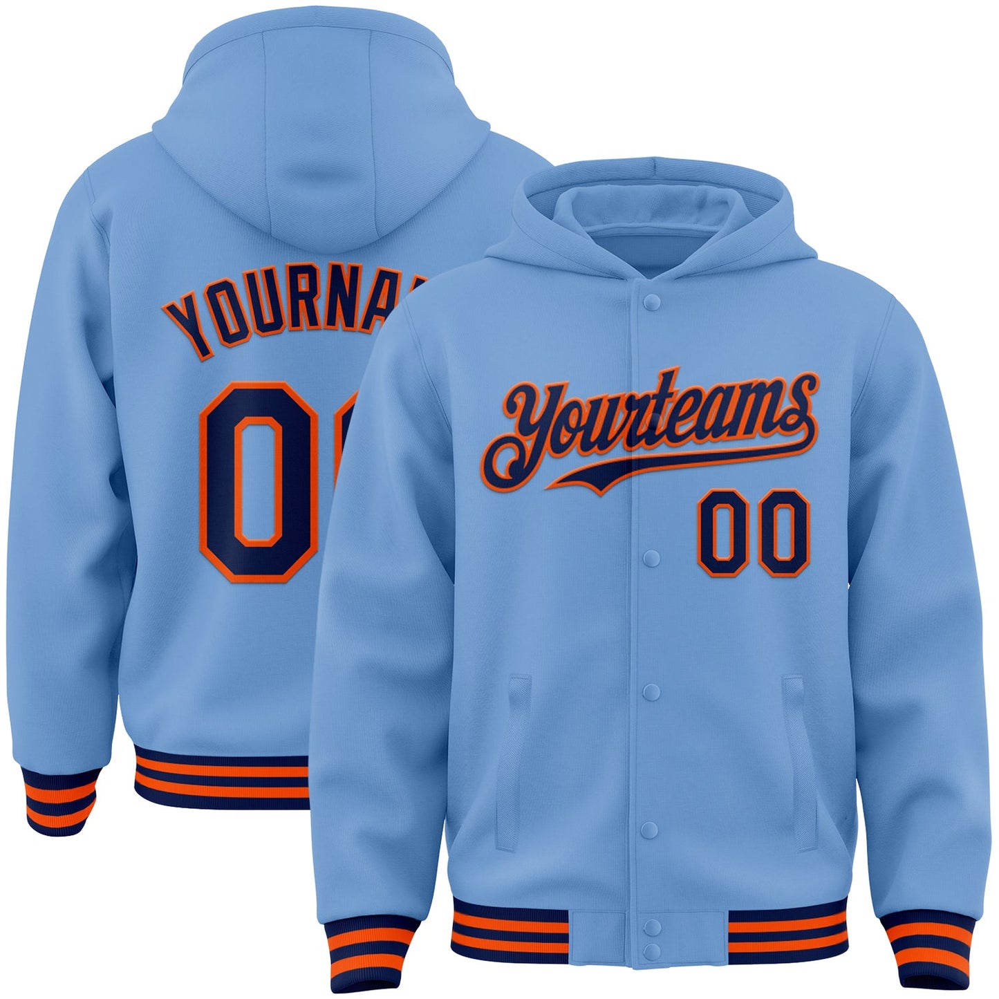 Custom Light Blue Navy-Orange Bomber Full-Snap Varsity Letterman Hoodie Jacket - Main View